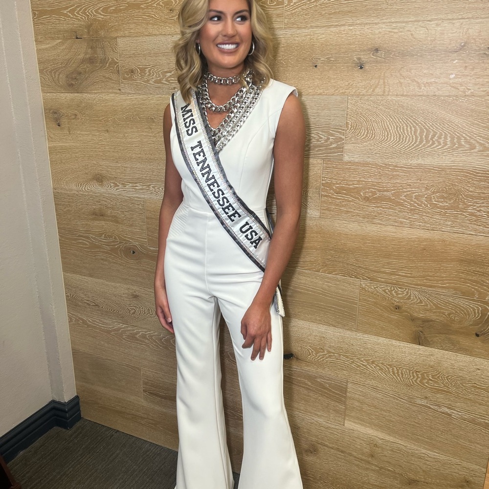 Jovani Ivory Sleeveless Jumpsuit with Chain Detail